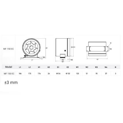 Dalap 24MF150 - Kanalni ventilator z energetsko učinkovitim motorjem in regulatorjem hitrosti MF 150 EC 40W/230V