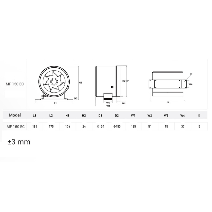 Dalap 24MF150 - Kanalni ventilator z energetsko učinkovitim motorjem in regulatorjem hitrosti MF 150 EC 40W/230V