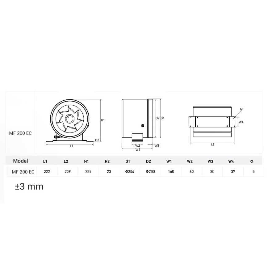 Dalap 24MF200 - Kanalni ventilator z varčnim motorjem in regulatorjem hitrosti MF 200 EC 75W/230V