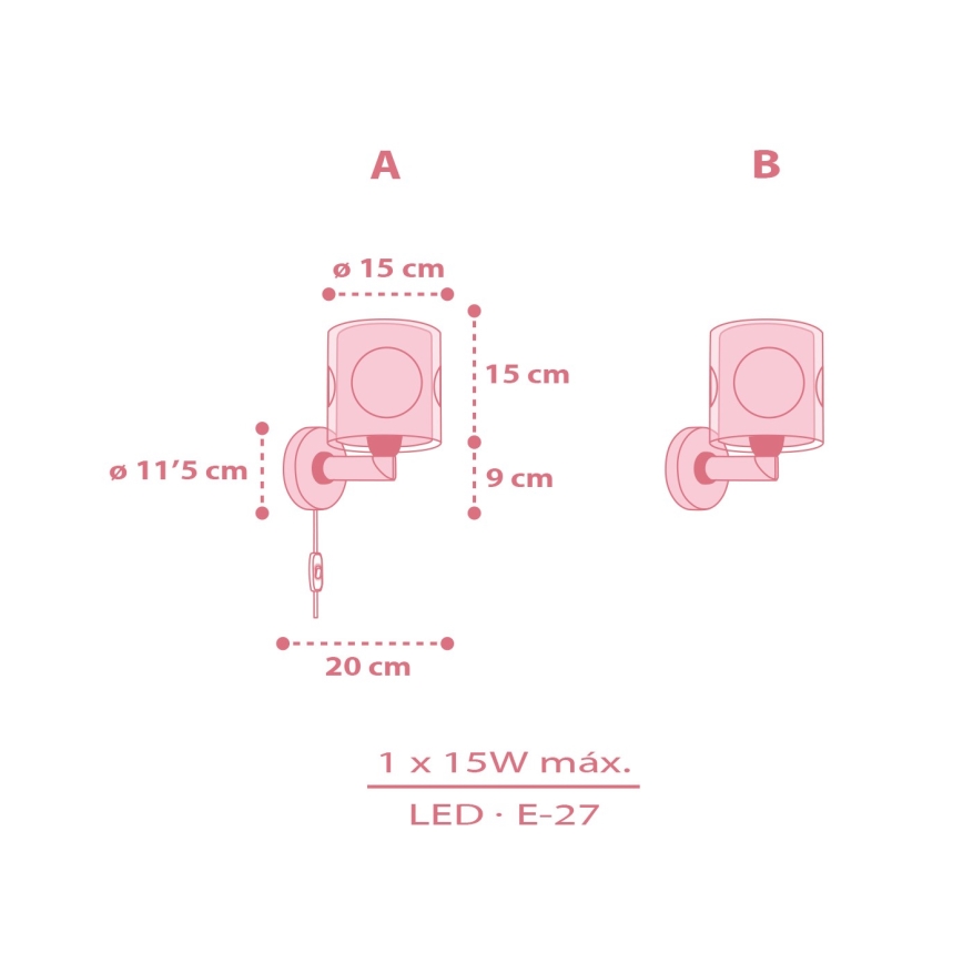 Dalber 60919 - Otroška stenska svetilka PRINCESS DANCE 1xE27/15W/230V rožnata