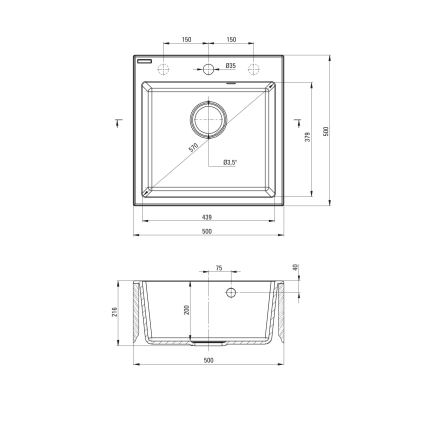 Deante ZQJNN103 - Kuhinjsko korito EVORA 50x50 cm + sink tap z gibljivo roko granit/črna