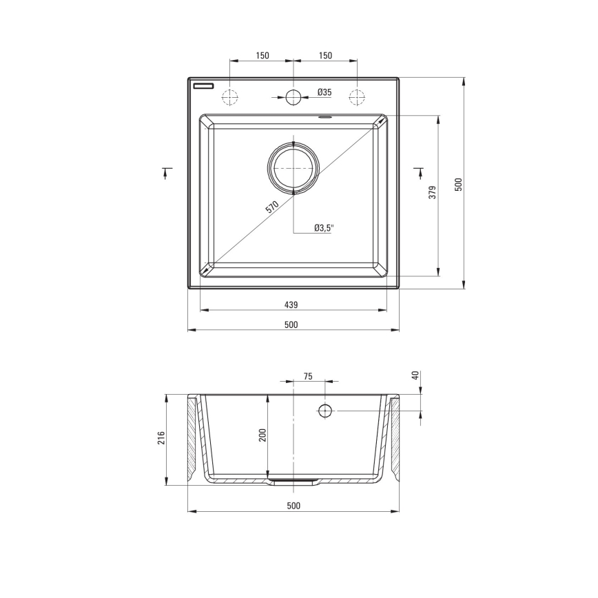Deante ZQJNN103 - Kuhinjsko korito EVORA 50x50 cm + sink tap z gibljivo roko granit/črna