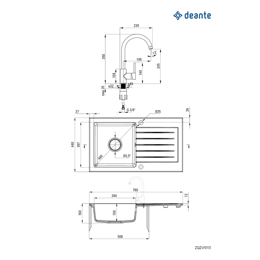 Deante ZQZVT113 - Kuhinjsko korito ZORBA 76x44 cm + sink tap granit/kovinska antracit