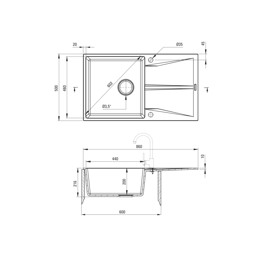 Deante ZRC_S11A - Pomivalno korito CORIO 50x86 cm granit/metalno siva