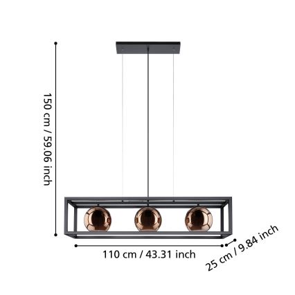 Eglo - Lestenec na vrvici 3xE27/40W/230V baker/črna