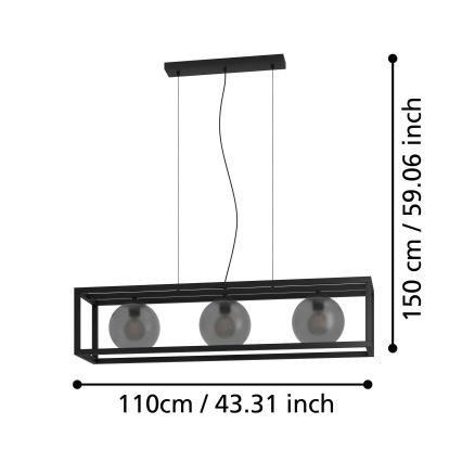Eglo - Lestenec na vrvici 3xE27/40W/230V dimna/črna