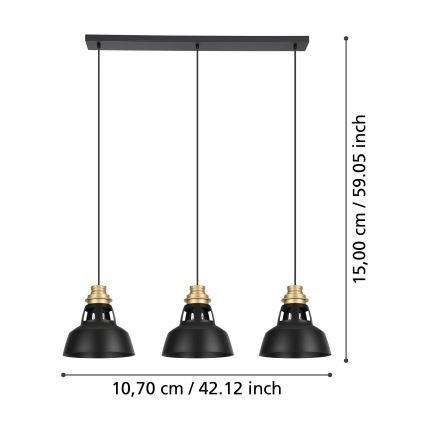 Eglo - Lestenec na vrvici 3xE27/40W/230V črna/zlata