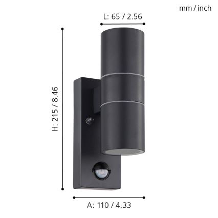 Eglo 79545- LED Zunanja stenska svetilka s senzorjem ARAPONGAS 2xGU10/2,8W/230V IP44 črna