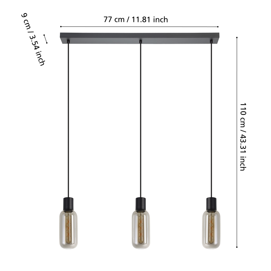Eglo - viseči lestenec na kablu 3xE27/4W/230V, črna/dimljeno steklo