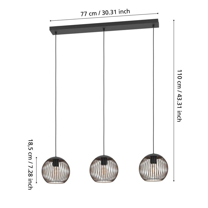 Eglo - Lestenec na jeklenem lanku 3xE27/60W/230V črna