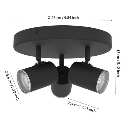 Eglo - Kopalniška točkovna svetilka 3×GU10/5W/230V, premer 25 cm, IP44, črna