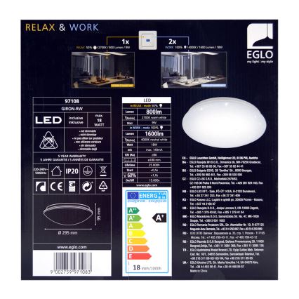 Eglo 97108 - LED Stropna svetilka GIRON-RW 1xLED/18W/230V 2700K-4000K