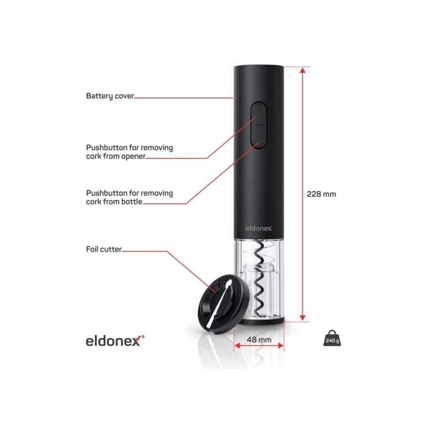 ELDONEX EWO-2100-BK - Električni odpirač za vino 4xAA črna