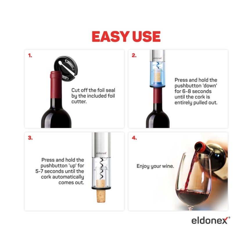 ELDONEX EWO-2200-SL - Električni odpirač za vino 4xAA mat krom