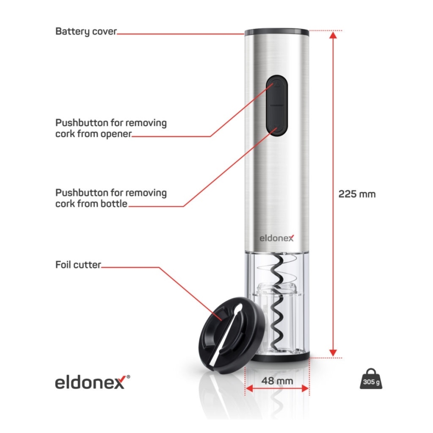 ELDONEX EWO-2200-SL - Električni odpirač za vino 4xAA mat krom