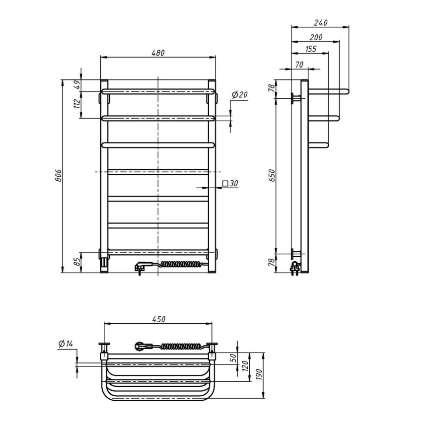 Električni kopalniški radiator s termostatom FORTIS 350W/230V 80,6 cm IP44 črna desno kvadraten