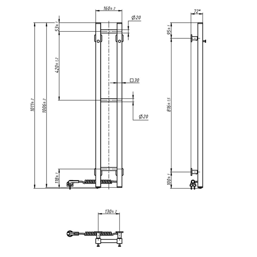 Električni nosilec za brisače SILOUETTE 187W/230V 101,1 cm IP44 črna desno kvadraten