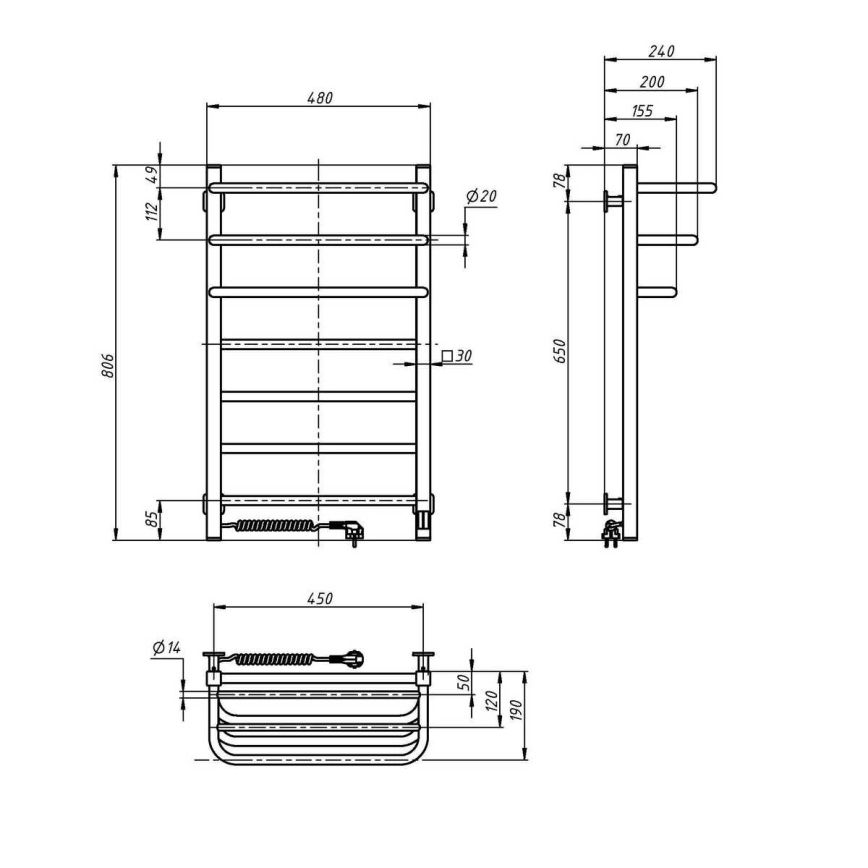 Električni sušilnik za brisače s termostatom FORTIS 155 W, 80 x 48 cm, bel, levi