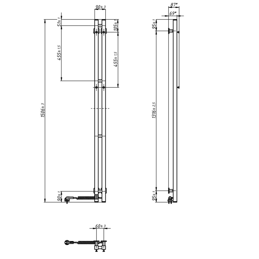 Električni sušilnik za brisače s termostatom SILOUETTE 200W/230V 150,6cm IP44 črna desna
