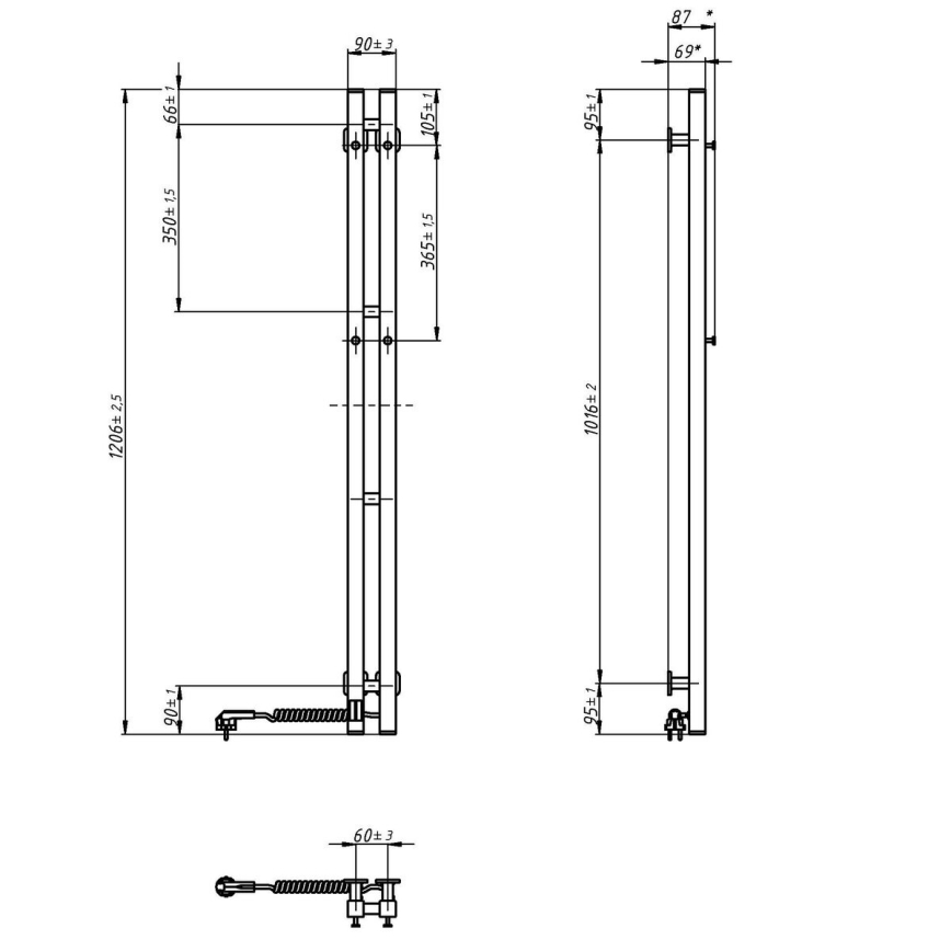 Električni sušilnik za brisače s termostatom SILOUETTE 70 W 120x9 cm, črn, desni