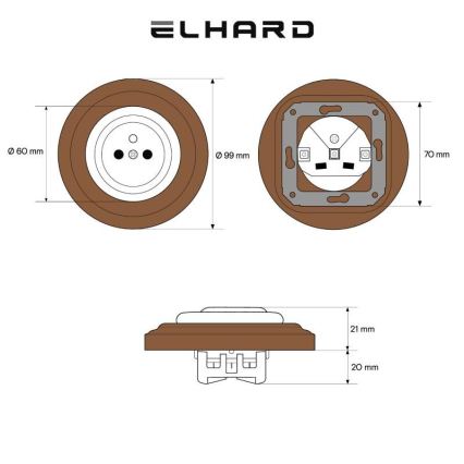 Elhard - Keramična retro domača vtičnica z okvirjem 230V črna/temen les