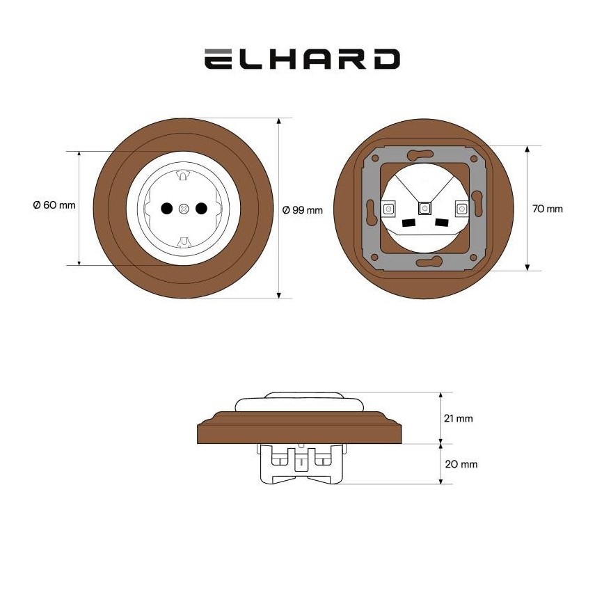 Elhard - Keramična retro hišna vtičnica z okvirjem SCHUKO 230V, bela/temno lesena