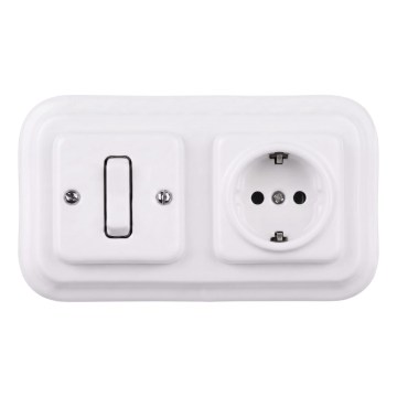 Elhard - Keramično retro enopolno stikalo št. 1 in vtičnica SCHUKO 230V z okvirjem, v beli barvi