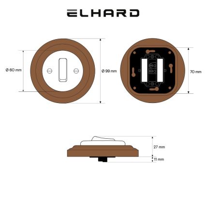 Elhard - Keramično retro enopolno stikalo z okvirjem č. 1 belo/temno leseno