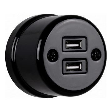 Elhard - Stenska keramična retro vtičnica 2xUSB-A črna