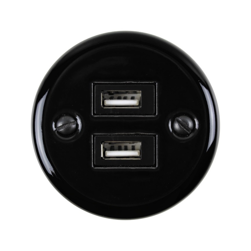 Elhard - Stenska keramična retro vtičnica 2xUSB-A črna