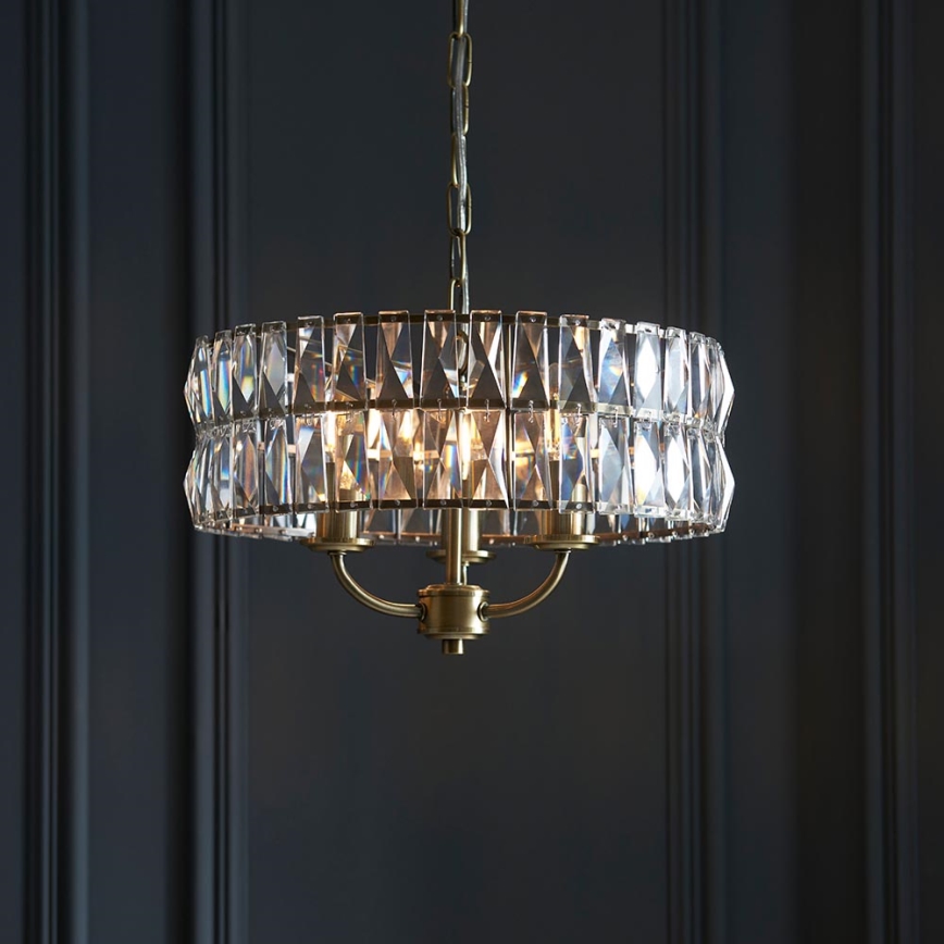 Endon 106243 - Lestenec na verigi CLIFTON 3xE14/6W/230V, Ø 38,5 cm, mesing/prozorno steklo