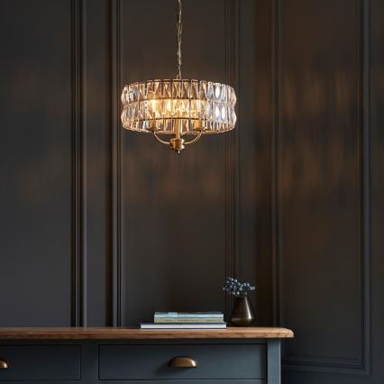Endon 106243 - Lestenec na verigi CLIFTON 3xE14/6W/230V, Ø 38,5 cm, mesing/prozorno steklo