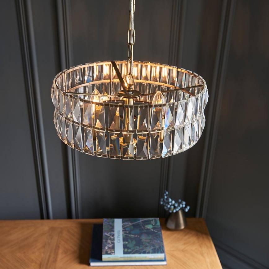 Endon 106243 - Lestenec na verigi CLIFTON 3xE14/6W/230V, Ø 38,5 cm, mesing/prozorno steklo