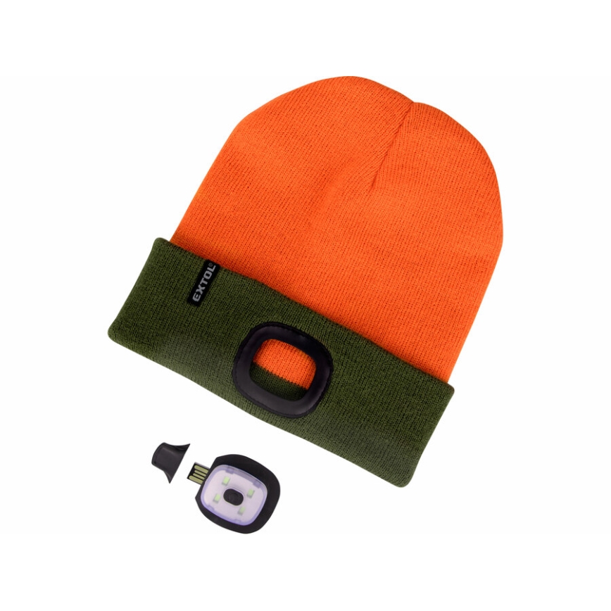 Extol - kapa s čelno svetilko in USB polnjenjem, 300 mAh, neon oranžna/zelena, velikost UNI