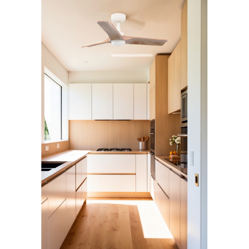 FARO 33805WT-1TW - LED zatemljiv stropni ventilator HEYWOOD S LED/10W/230V 2700/3000/4000K les/bela premer 90 cm Wi-Fi Tuya + daljinski upravljalnik