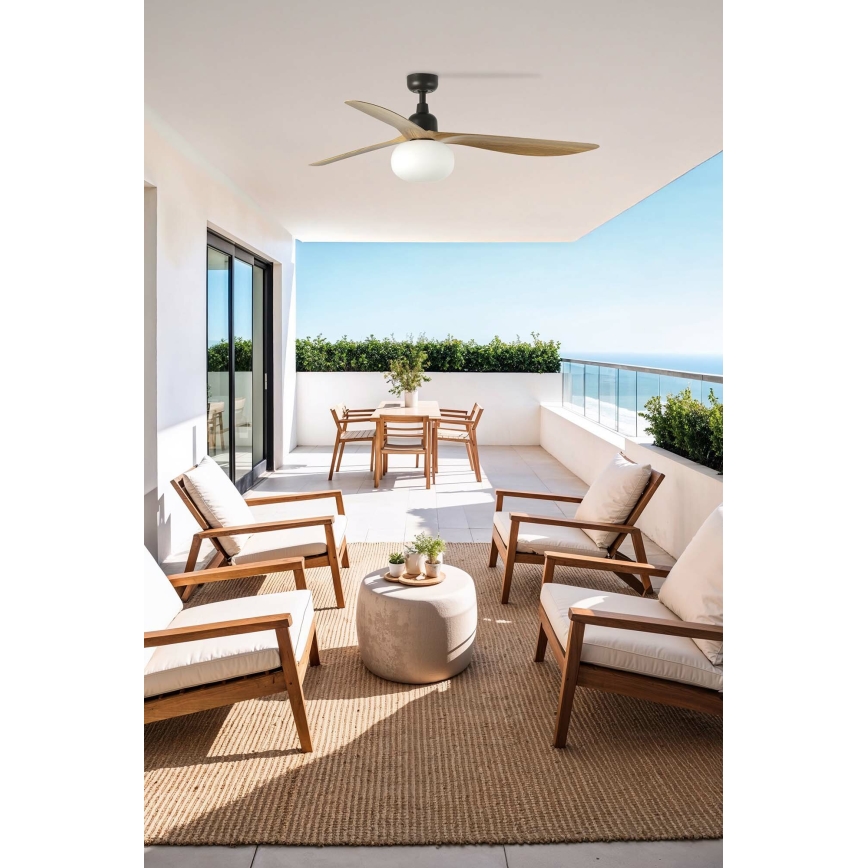 FARO 34360WT-11L - Stropni ventilator OUTWOOD L 1xE27/15W/230V rjava/črna pr. 150 cm Wi-Fi Tuya IP44 + Daljinski upravljalnik