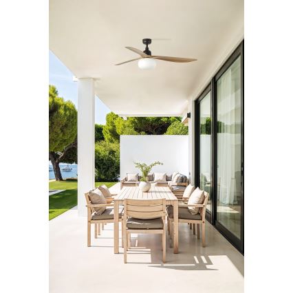 FARO 34360WT-11L - Stropni ventilator OUTWOOD L 1xE27/15W/230V rjava/črna pr. 150 cm Wi-Fi Tuya IP44 + Daljinski upravljalnik