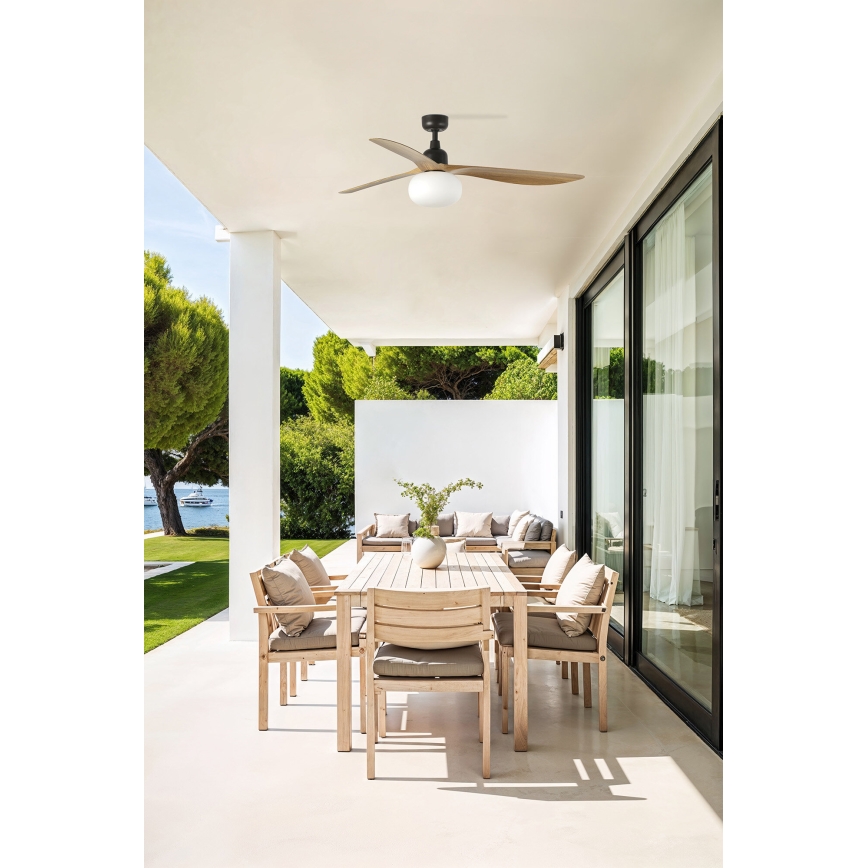 FARO 34360WT-11L - Stropni ventilator OUTWOOD L 1xE27/15W/230V rjava/črna pr. 150 cm Wi-Fi Tuya IP44 + Daljinski upravljalnik