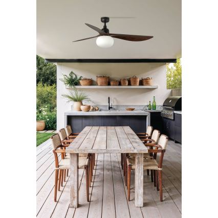 FARO 34362WT-11L - Stropni ventilator OUTWOOD L 1xE27/15W/230V rjava/črna pr. 150 cm Wi-Fi Tuya IP44 + Daljinski upravljalnik