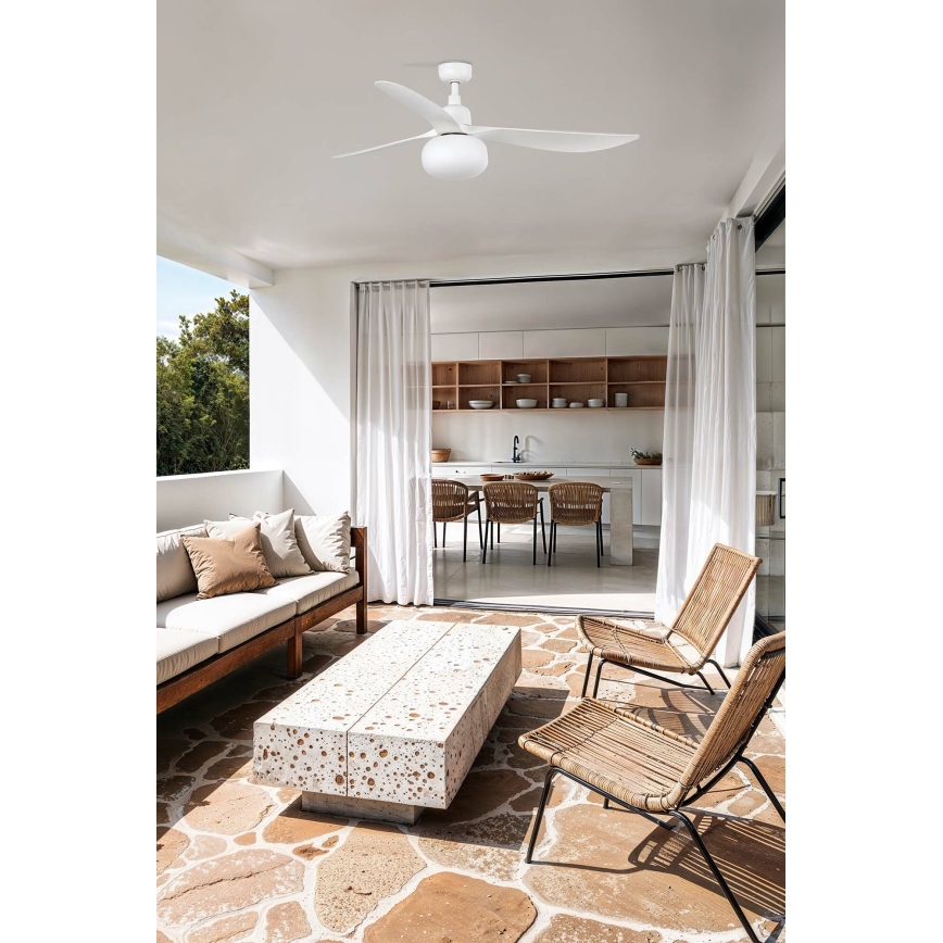 FARO 34363WT-11L - Stropni ventilator OUTWOOD L 1xE27/15W/230V bela pr. 150 cm Wi-Fi Tuya IP44 + Daljinski upravljalnik