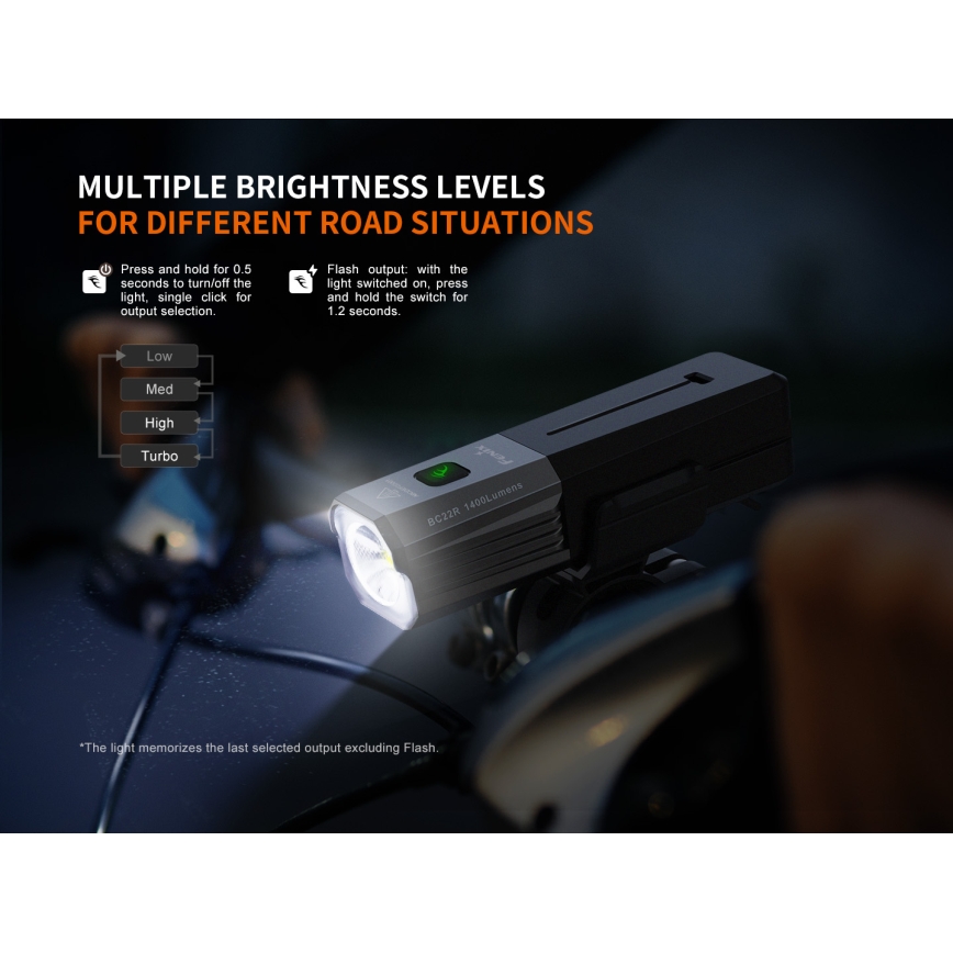 Fenix BC22R - LED zatemnjevalna polnilna kolesarska svetilka LED/USB 3400 mAh IP66 1400 lm 41 h črna