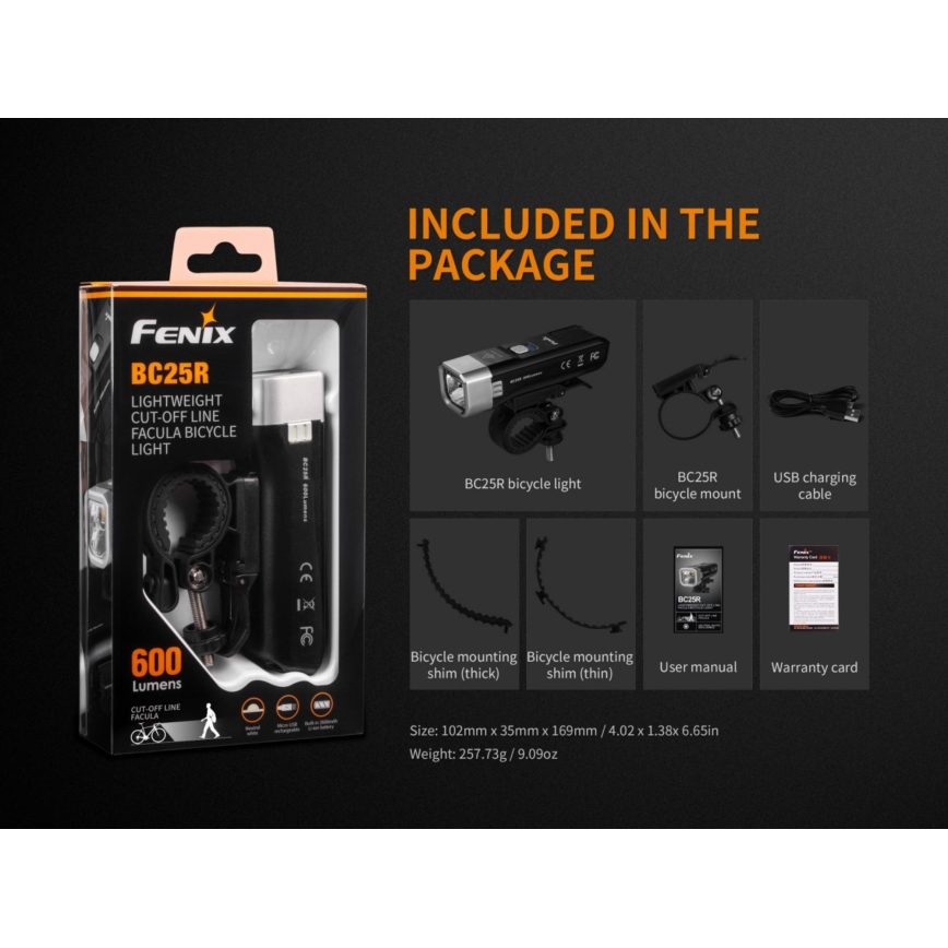 Fenix BC25R - LED Polnilna kolesarska svetilka LED/USB IP66 600 lm 36 ur