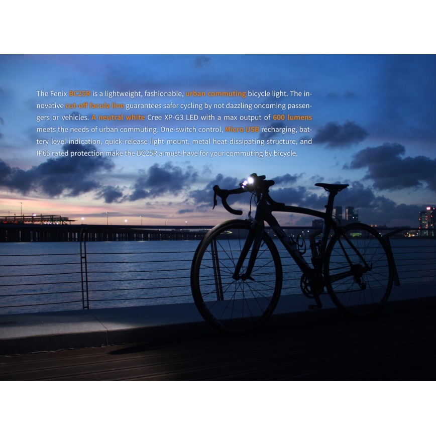 Fenix BC25R - LED Polnilna kolesarska svetilka LED/USB IP66 600 lm 36 ur