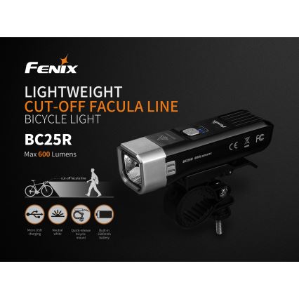 Fenix BC25R - LED Polnilna kolesarska svetilka LED/USB IP66 600 lm 36 ur