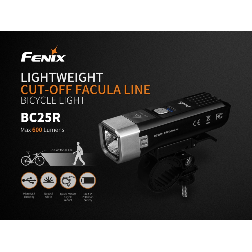 Fenix BC25R - LED Polnilna kolesarska svetilka LED/USB IP66 600 lm 36 ur