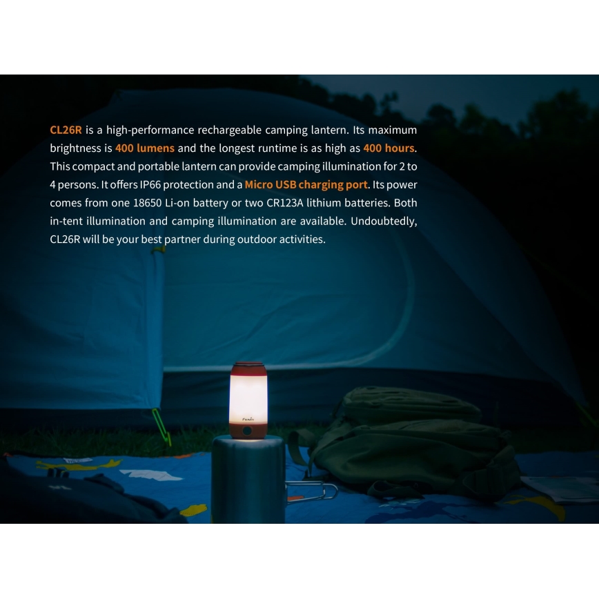 Fenix CL26RRED - LED Zatemnitvena prenosni polnilna svetilka LED/USB/2xCR123A IP66 400 sijajni 400 h 2600 mAh oranžna