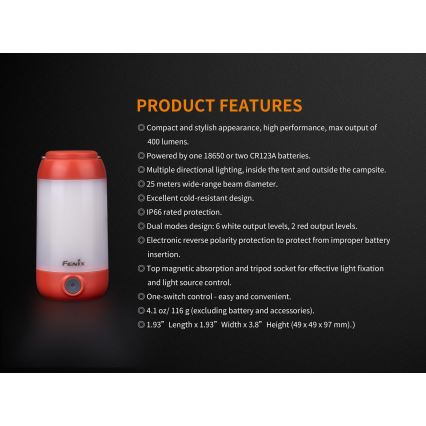 Fenix CL26RRED - LED Zatemnitvena prenosni polnilna svetilka LED/USB/2xCR123A IP66 400 sijajni 400 h 2600 mAh oranžna