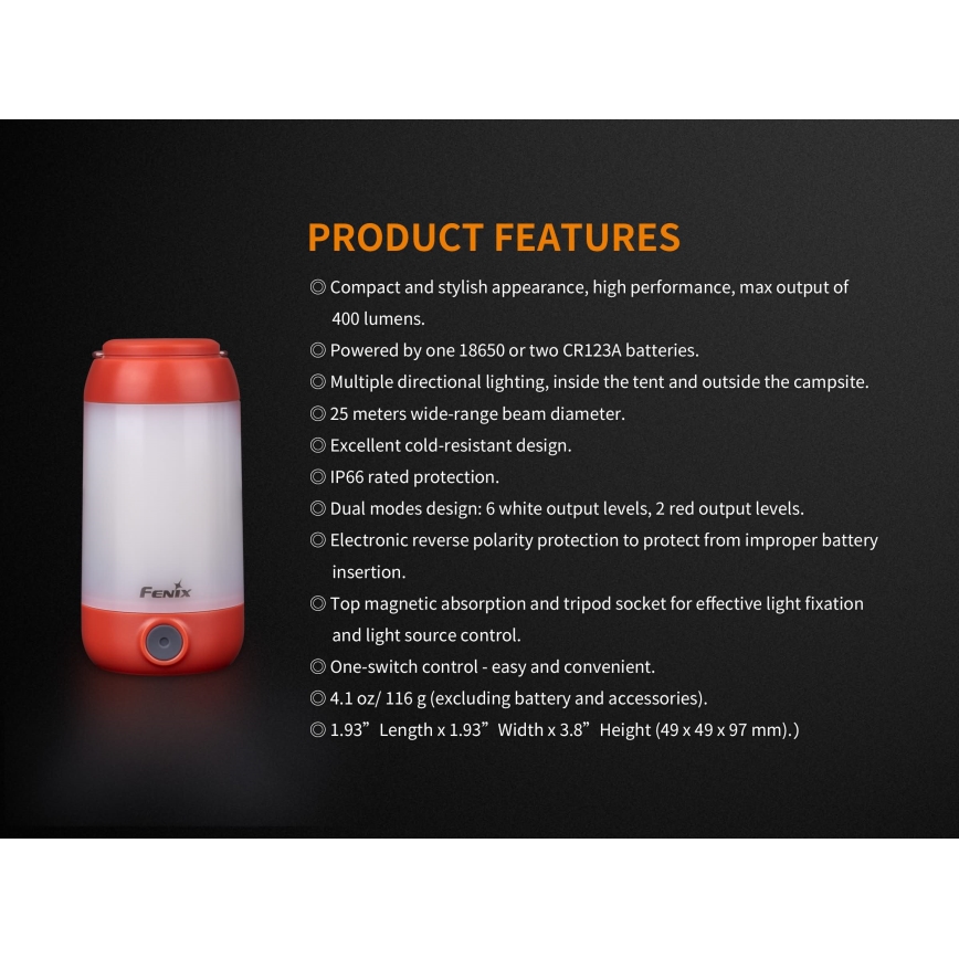 Fenix CL26RRED - LED Zatemnitvena prenosni polnilna svetilka LED/USB/2xCR123A IP66 400 sijajni 400 h 2600 mAh oranžna