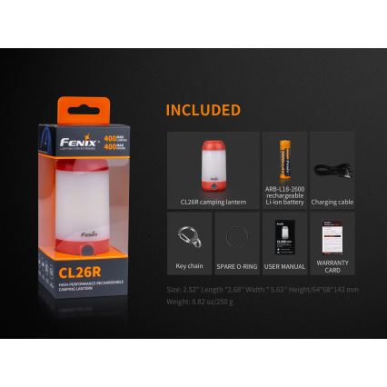 Fenix CL26RRED - LED Zatemnitvena prenosni polnilna svetilka LED/USB/2xCR123A IP66 400 sijajni 400 h 2600 mAh oranžna