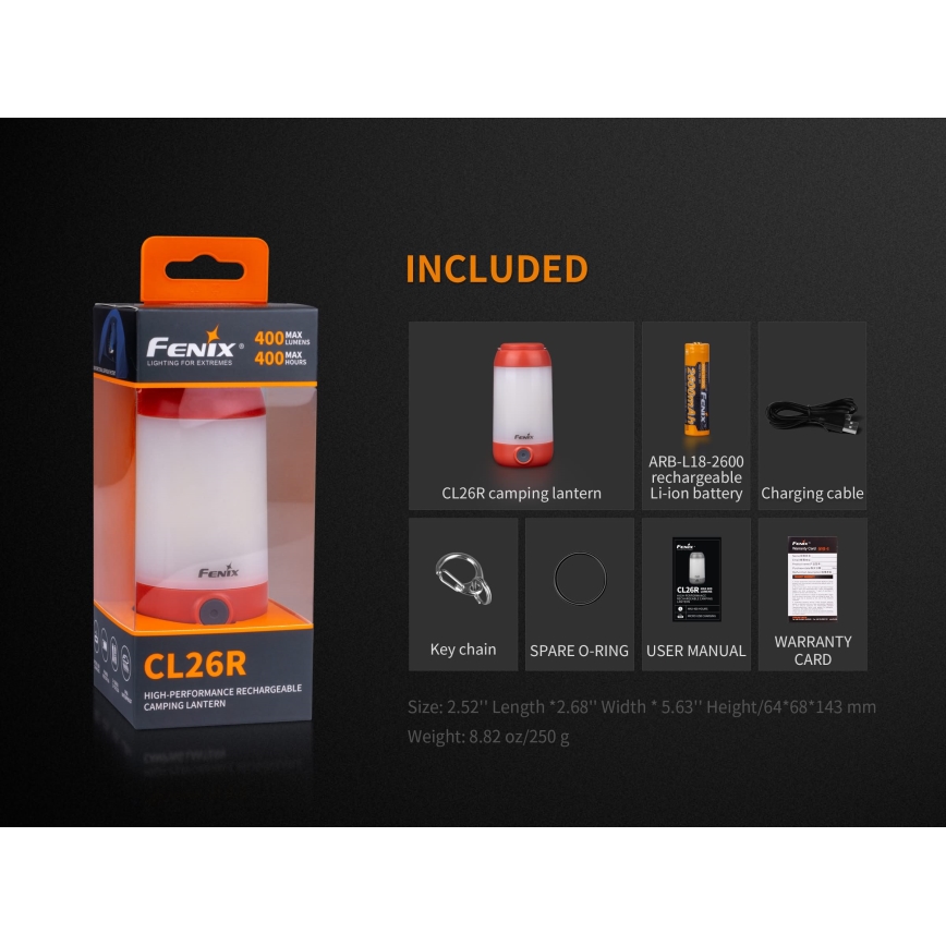Fenix CL26RRED - LED Zatemnitvena prenosni polnilna svetilka LED/USB/2xCR123A IP66 400 sijajni 400 h 2600 mAh oranžna